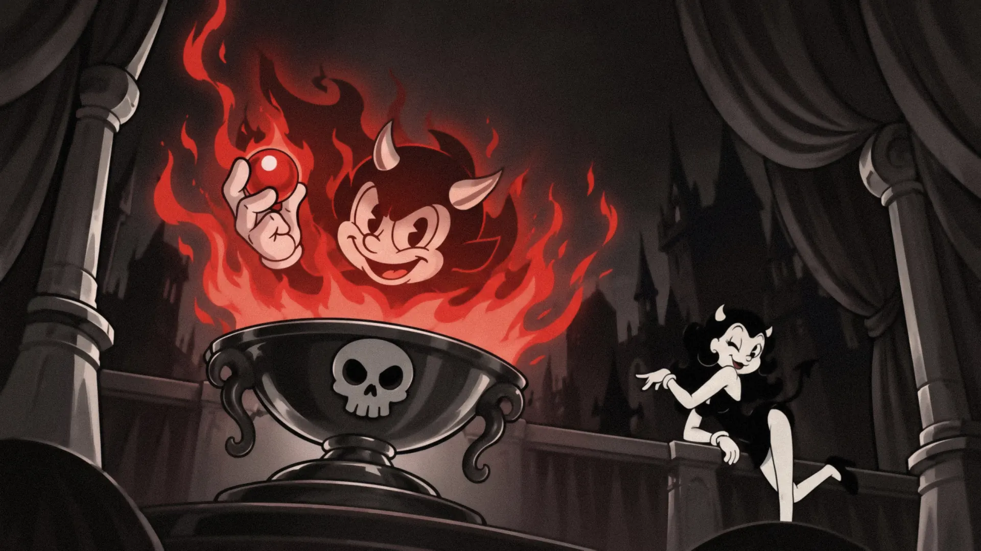 The devil rises from a flaming goblet with a soul in his hand
